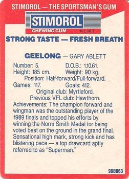 1990 AFL Scanlens Stimorol #16 Gary Ablett Back